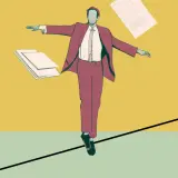 Biznesmen balansuje na linie, trzymając dokumenty. Kluczowe jest, jak negocjować wysokość zaliczki przy kontrakcie wydawniczym, by utrzymać równowagę.