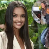 Uśmiechnięta Klaudia El Dursi w jasnej marynarce, obok jej zdjęcia w czarnym topie przy samochodzie i w okularach przeciwsłonecznych.