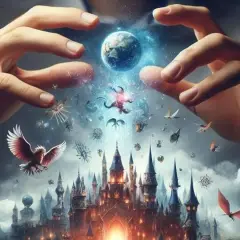 Dłonie tworzą świat z zamkami i latającymi stworzeniami, ilustrując zasady tworzenia systemów religijnych w światach fantasy.