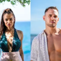 Hotel Paradise: zawodnicy, młoda kobieta w bikini i mężczyzna w ażurowej koszuli na tle błękitnego nieba i morza.