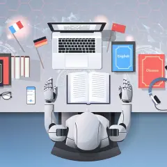 Robot z rękami nad otwartą książką, symbolizujący skutki wprowadzenia sztucznej inteligencji do korekty i tłumaczeń literackich. Obok flagi Francji, Niemiec, Chin, książki i słuchawki.