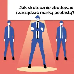 Ilustracja pokazuje, dlaczego wydawnictwa wymagają od autorów budowania marki osobistej w sieci. Pięciu mężczyzn w garniturach, jeden wyróżniony.