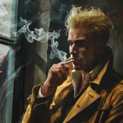 John Constantine, antybohater, pali papierosa, podczas gdy demon patrzy przez okno. Różnica między antybohaterem a złoczyńcą na przykładzie literatury współczesnej.