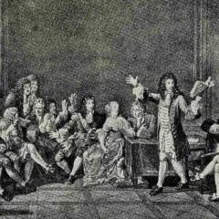 Scena dworska: mężczyzna przemawia, a tłum słucha. Ilustruje, jakie są funkcje rywalizacji o względy bohatera w literaturze dworskiej.