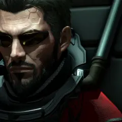 Adam Jensen w okularach, z zarostem i cybernetycznymi implantami na czole. Jego postawa sugeruje zmęczenie, jakby był ostatnią deską ratunku, gdy fabuła utknęła, co jest klasycznym przykładem skutków nadmiernego używania deus ex machina w rozwiązaniu f...