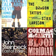 Okładki książek: "The Stand", "We Need to Talk About Kevin", "The Dragon Tattoo", "Psycho", "Hannibal", "East of Eden", "Blood Meridian", "Misery".