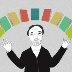 Mężczyzna z rękami w górze, otoczony książkami, jakby mierzył "pulse" rozdziału. Objawy braku dynamiki w scenie.