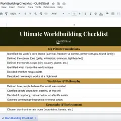 Arkusz kalkulacyjny "Ultimate Worldbuilding Checklist" pomaga w budowaniu światów, organizując kluczowe elementy od fundamentów po geografię.