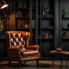 Elegancki fotel i regały pełne książek tworzą atmosferę sprzyjającą odkrywaniu przyczyn popularności dark academia w literaturze młodzieżowej.