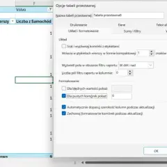 Analiza struktury książki: czy warto używać tabel przestawnych? Excel pokazuje dane o samochodach i datach, a okno opcji tabeli przestawnej pozwala na jej konfigurację.