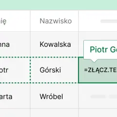 Jak stworzyć automatyczny generator imion i nazw własnych za pomocą formuł: przykład łączenia imienia "Piotr" i nazwiska "Górski".