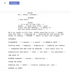Fragment scenariusza filmowego z dialogami postaci NICKY i BOURNE, wskazujący na retrospekcję.