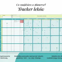 Planer "Tracker leków" do monitorowania postępów pisania i przyjmowania leków, z wykresami w Excelu.
