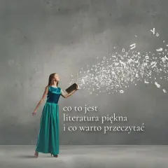 Kobieta w sukni wypuszcza z książki litery, symbolizujące literaturę piękną i jej granice.