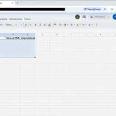 Pusta tabela w Arkuszach Google z nagłówkami: Organizator, Nazwa Obozu, Lokalizacja, Region, Cena od (PLN), Grupa wiekowa.