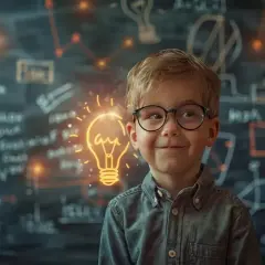 Chłopiec w okularach z żarówką nad głową, symbolizującą pomysłowość, która czyni detektywa literackiego unikalnym.