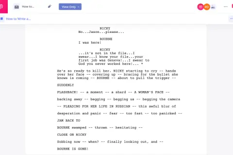 Fragment scenariusza filmowego z dialogami postaci NICKY i BOURNE, wskazujący na retrospekcję.