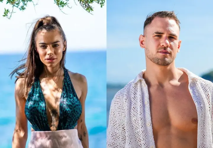 Hotel Paradise: zawodnicy, młoda kobieta w bikini i mężczyzna w ażurowej koszuli na tle błękitnego nieba i morza.