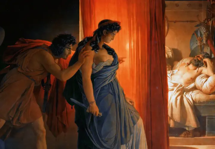 Judith z mieczem i Holofernes śpiący. Obraz ukazuje przyczyny dekonstrukcji mitu bohatera w literaturze postmodernistycznej, gdzie słabość i zdrada zastępują siłę.