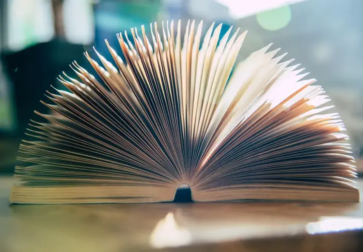 Rozłożona książka, jak strony opowieści o objawach wyobcowania u bohaterów literatury emigracyjnej i wygnania.