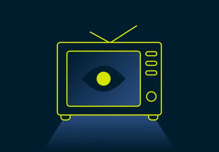 Stylizowany telewizor z okiem na ekranie. Symbolizuje objawy niespójności technologii w sci-fi, jak prowadzić rejestr wynalazków.