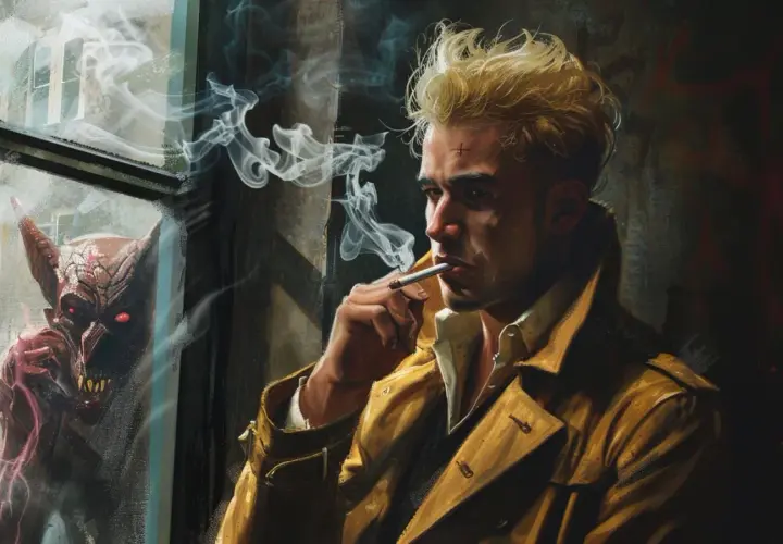 John Constantine, antybohater, pali papierosa, podczas gdy demon patrzy przez okno. Różnica między antybohaterem a złoczyńcą na przykładzie literatury współczesnej.
