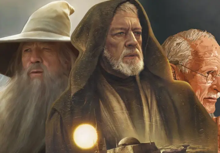 Gandalf, Obi-Wan Kenobi i postać przypominająca Freuda. Ilustracja ukazuje przyczyny popularności archetypu mędrca w literaturze fantasy i sci-fi.