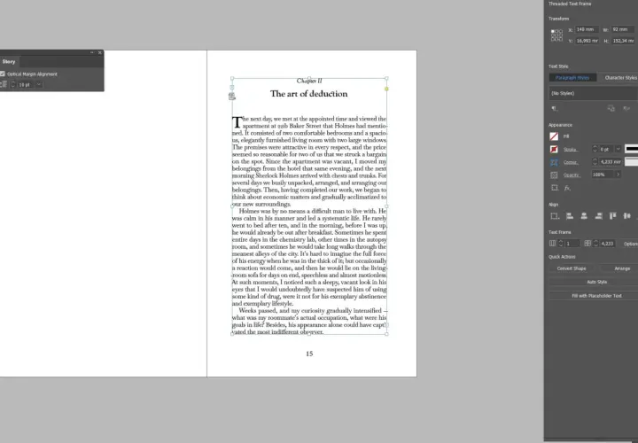 Profesjonalni autorzy używają tabel do balansowania punktów widzenia (POV), by zachować spójność narracji. Widzimy tu fragment tekstu z panelu "Story" w programie do składu tekstu.