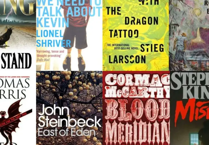 Okładki książek: "The Stand", "We Need to Talk About Kevin", "The Dragon Tattoo", "Psycho", "Hannibal", "East of Eden", "Blood Meridian", "Misery".