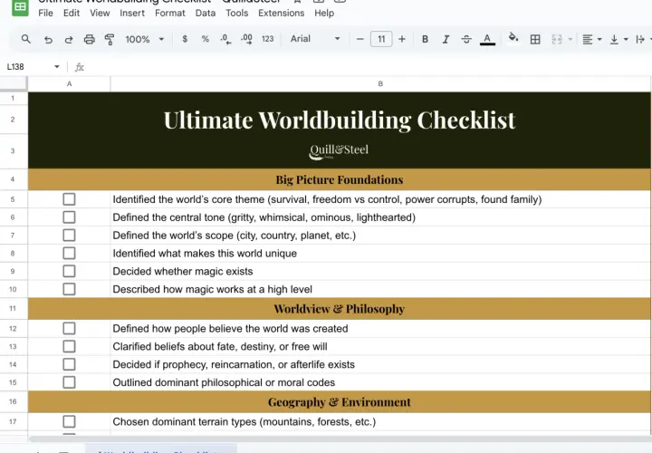 Arkusz kalkulacyjny "Ultimate Worldbuilding Checklist" pomaga w budowaniu światów, organizując kluczowe elementy od fundamentów po geografię.
