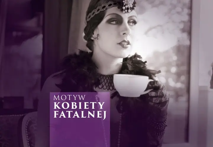 Kobieta w stylu retro z filiżanką kawy, symbolizująca motywy działania femme fatale w literaturze noir i kryminale.