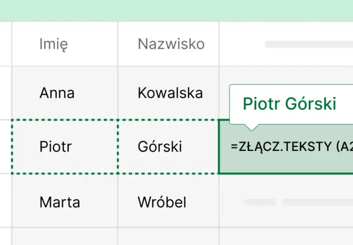 Jak stworzyć automatyczny generator imion i nazw własnych za pomocą formuł: przykład łączenia imienia "Piotr" i nazwiska "Górski".