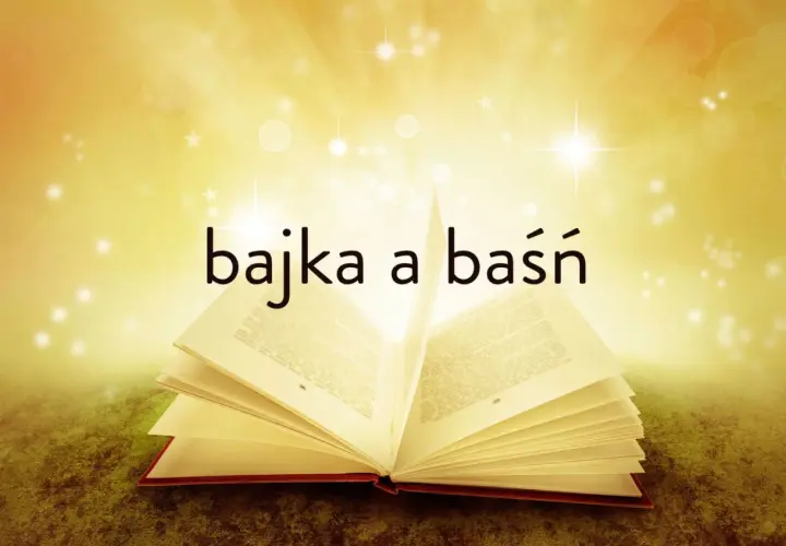 Otwarta księga z napisem "bajka a baśń" na tle magicznych świateł. Odkryj różnicę między bohaterem bajkowym a baśniowym dla dzieci.