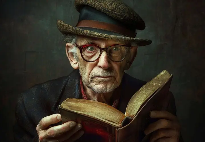 Starszy mężczyzna w okularach i kapeluszu czyta starą księgę. Czy postać może być metaforą całego społeczeństwa w literaturze pięknej?