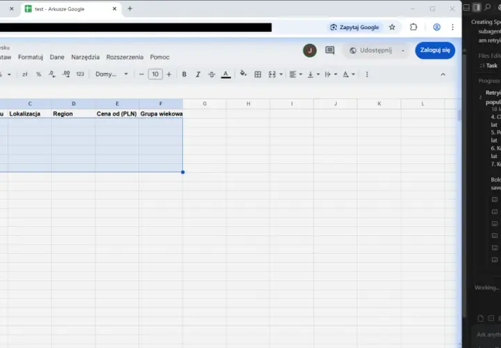 Pusta tabela w Arkuszach Google z nagłówkami: Organizator, Nazwa Obozu, Lokalizacja, Region, Cena od (PLN), Grupa wiekowa.