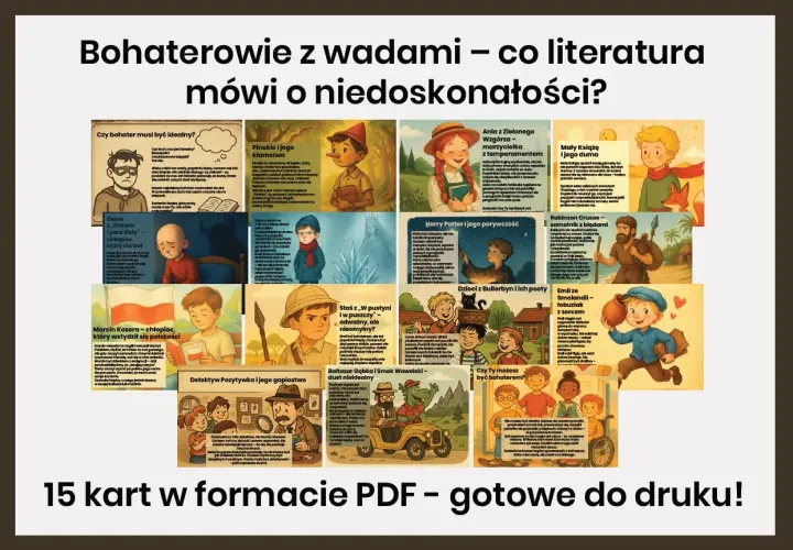 Ilustracje przedstawiają bohaterów literackich, ukazując różne typy temperamentów. Od Pinokia po Harry'ego Pottera, literatura pokazuje, że niedoskonałości czynią postacie interesującymi.