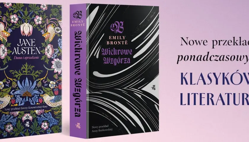 Dwie okładki książek: "Duma i uprzedzenie" Jane Austen oraz "Wichrowe Wzgórza" Emily Brontë, prezentujące różnicę między prawami do ekranizacji a prawami do przekładu.