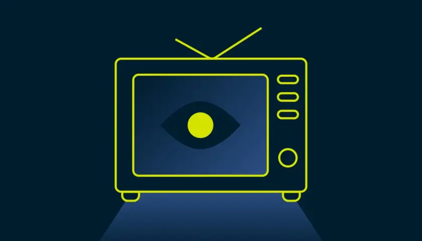 Stylizowany telewizor z okiem na ekranie. Symbolizuje objawy niespójności technologii w sci-fi, jak prowadzić rejestr wynalazków.