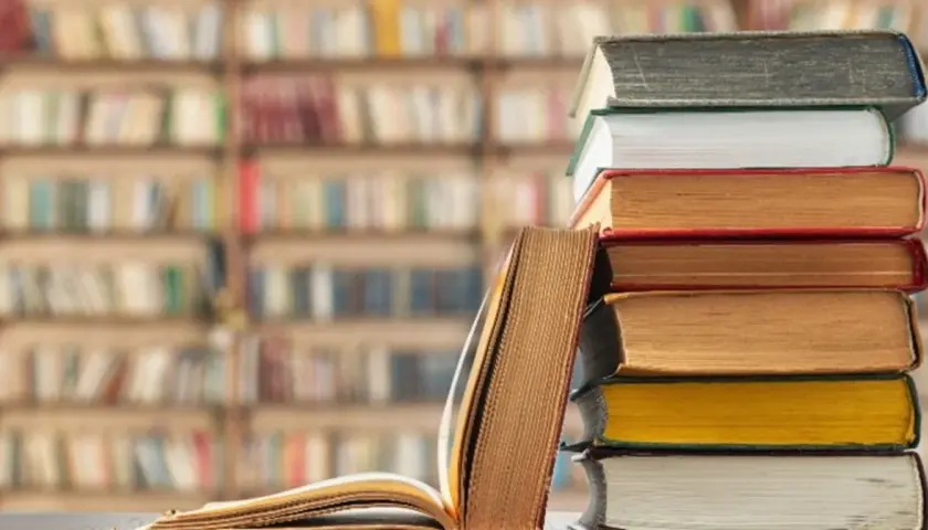 Stos książek na tle biblioteki. Unikaj chaosu w nazewnictwie zakładek w dużym projekcie literackim, by nie zgubić wątku.