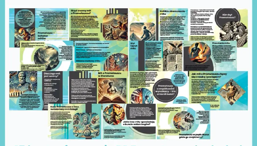 Ilustracja przedstawia kolaż grafik związanych z mitem o Prometeuszu, w tym postać Prometeusza, ogień i symbole nauki.