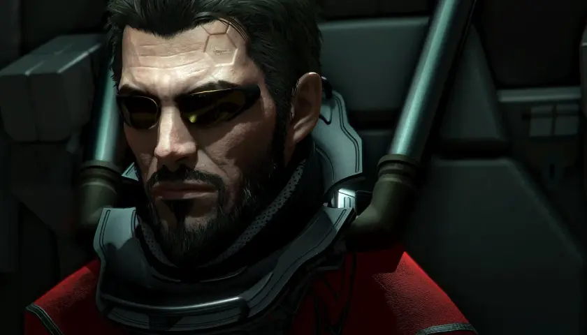 Adam Jensen w okularach, z zarostem i cybernetycznymi implantami na czole. Jego postawa sugeruje zmęczenie, jakby był ostatnią deską ratunku, gdy fabuła utknęła, co jest klasycznym przykładem skutków nadmiernego używania deus ex machina w rozwiązaniu f...
