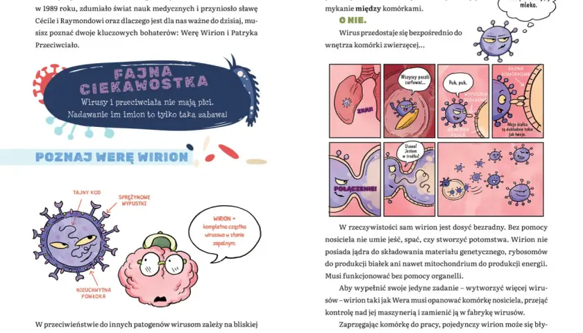 Ilustracja wyjaśnia, jak wirusy atakują komórki, by się rozmnażać. Unikaj objawów przesytu światotwórstwem (worldbuilding), by nie zgubić czytelnika.