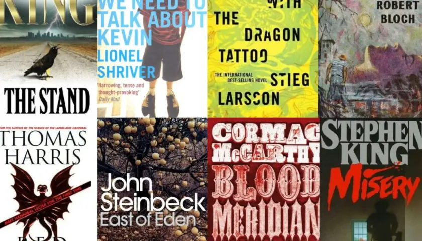 Okładki książek: "The Stand", "We Need to Talk About Kevin", "The Dragon Tattoo", "Psycho", "Hannibal", "East of Eden", "Blood Meridian", "Misery".