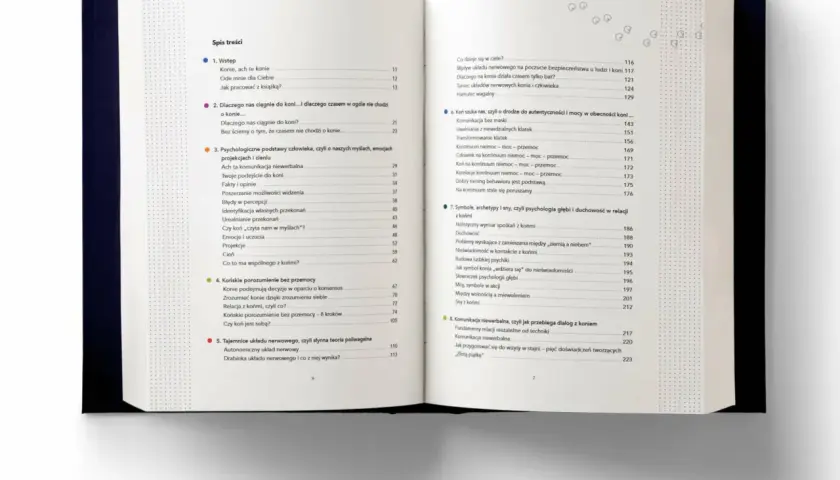 Spis treści książki o koniach. Rozdział 3 omawia psychologiczne podstawy, czyli skutki nadmiernego psychologizowania postaci kosztem akcji powieści.