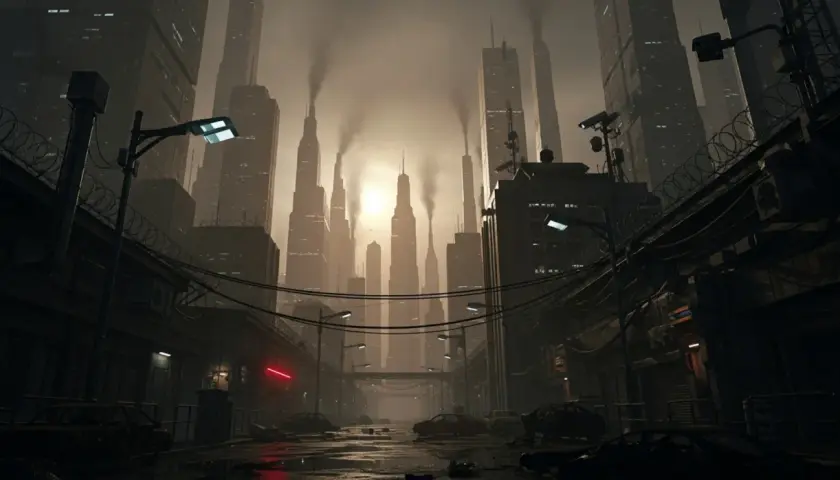 Mroczne miasto, dymiące wieżowce, druty kolczaste i zniszczone samochody. Wizja przyszłości, która ukazuje różnicę między dystopią a postapokalipsą w scenariuszach przyszłości.