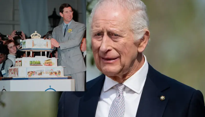 Król Karol, gdy miał 49 lat, kroi tort. Obok jego obecne zdjęcie.