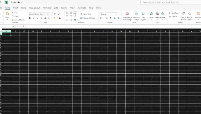 Pusta tabela w programie Excel z widocznym paskiem narzędzi.