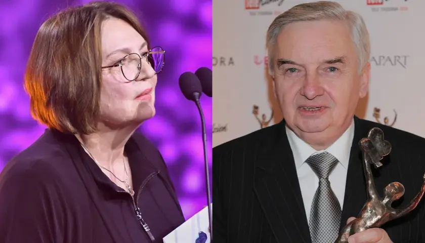 Kobieta w okularach i mężczyzna w garniturze trzymający statuetkę.