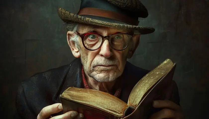 Starszy mężczyzna w okularach i kapeluszu czyta starą księgę. Czy postać może być metaforą całego społeczeństwa w literaturze pięknej?