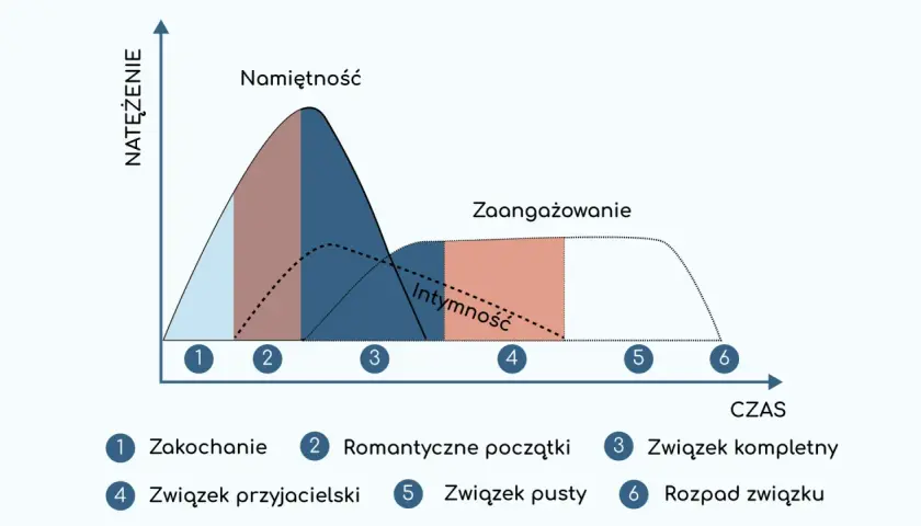 Wykres pokazuje ewolucję związku: od zakochania, przez namiętność, intymność, zaangażowanie, aż po rozpad. Jak przygotować mapę relacji dla wielowątkowej sagi.
